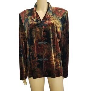 Stretch Velvet Floral Blazer Frog Closures Shoulder Pads Velour Soft Size 18